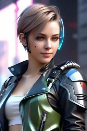 Full lenght Generate hyper realistic image of a russian young anime a woman with short hair, tired, and a smile looking at the viewer. She wearing leather cyberpunk killer armor. .,Add more details,Glass Elements,(Transperent Parts)