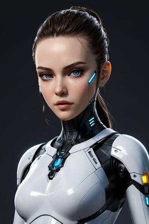 1girl, Cyberpunk corporation mercinaries smuggler in cyberpunk  smuggler outfit. Pale skin with subtle metallic sheen. Glowing blu eyes. Cybernetic implants visible at temples and neck. Background - secret rebels brsement. Atmospheric lighting emphasizing contrasts.  cyberpunk 2077 rpg lore, and advanced technology. Hyper-detailed textures