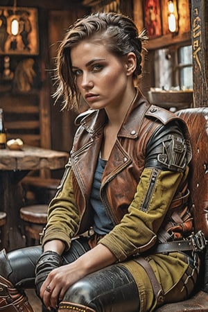 An Instagram photo,  modernpunk style extremely detailed of a beautiful female 23-year-old a tired  mercenary warrior, in dirty leather protective equipment, rests in armcheir in a tavern , neat haircut .detailed colors, 32k resolution, best quality, explosion of color, no colors, (very pale skin) brunette, perfect composition, beautiful detailed complex, insanely detailed octane rendering trending on artstation, 8k art photography, photorealistic concept art, soft natural volumetric cinematic perfect light, chiaroscuro, award-winning photography, masterpiece, oil on canvas, raphael, caravaggio, greg rutkowski, beeple, beksinsky, giger , pale skin,  hard shadows, blue eyes, perfect eyes