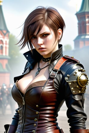Full lenght Generate hyper realistic image of a russian young anime a woman with short hair, tired, wounded,  and a aggressive looking at the viewer. She wearing leather steampunk killer armor. .,Add more details,Glass Elements,(Transperent Parts)