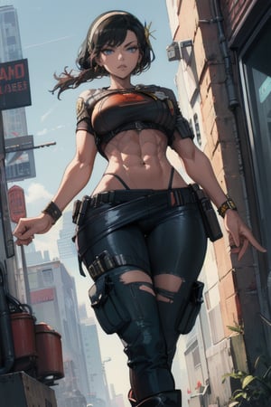 masterpiece, high definition, dof, 8k, (Annie cyberpunk 2077), short broun heir, blue eyes, wearing a  black cargo pants with a hip holster and a tight white T-shirt, beautiful girl, (ripped abs:1.2), brown boots