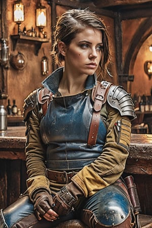 An Instagram photo,  futurepunk style extremely detailed of a beautiful female 23-year-old a tired  mercenary warrior, in dirty leather protective equipment, rests in armcheir in a tavern , neat haircut .detailed colors, 32k resolution, best quality, explosion of color, no colors, (very pale skin) brunette, perfect composition, beautiful detailed complex, insanely detailed octane rendering trending on artstation, 8k art photography, photorealistic concept art, soft natural volumetric cinematic perfect light, chiaroscuro, award-winning photography, masterpiece, oil on canvas, raphael, caravaggio, greg rutkowski, beeple, beksinsky, giger , pale skin,  hard shadows, blue eyes, perfect eyes