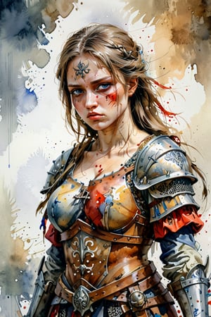 masterpiece, best quality, ultra high resolution, visually stunning, beautiful, award-winning art (abstract art: 1.3),  beautiful )))A FULL-LENGTH very detalied full leghn A anime a very beutifful female medieval  style noble slavic warrior tired and wounded , Watercolor, trending on artstation, sharp focus, studio photo, intricate details, highly detailed, by greg rutkowski ,more detail XL