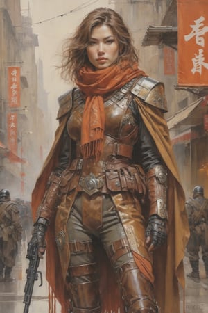 detailed full-length picture, masterpiece, best quality, ultra high resolution, visually stunning, beautiful, award-winning art (abstract art: 1.3), beautiful ))), oil painting Portret of japan porn star as a Cyberpunk butifful female hired noble guardsman-bodyguard in brown leather armor. Pants tucked into high boots to the knees, a scarf around the neck and a guards cloak -, detailed face, whole body, Watercolor, trending on artstation, sharp focus, studio photo, intricate details, highly detailed, by greg rutkowski, more detail XL, hyper detailed, realistic, oil painting, by julie bell, frank frazetta, cinematic lighting