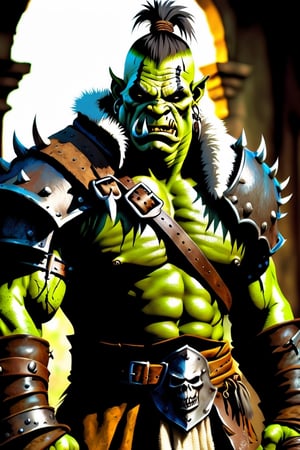 a tired sreampunk orc warrior in worn leather armor and darned leather clothes has old scars on his face and hands, shadows, beautiful gradient, depth of field, clean image, high quality, high detail, high definition, Luminous Studio graphics engine, cute face, big braest, slim waist, nice hips.