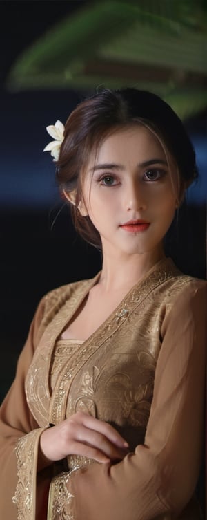 masterpiece, best quality,1girl, solo, long hair, looking at viewer, brown hair, temple,long sleeves ,dress, brown eyes, jewelry, standing, ring, realistic, closed mouth,upper body, bali,balinese,indonesian clothes,eyes light up in the night, ((night:1.2)), ,High detailed ,Color magic,gh3a,FilmGirl,inst4 style,b3rli