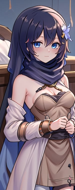 ((((xyzabcheadscarf, hijabsteampunk)))), (((illustration, ultra-detailed, best quality, masterpiece, beautiful detailed sky, standing))),(( Hot asian 1girl, panty_and_stocking_with_garterbelt ,portrait of beautiful young anime girl Big tits, big breasts, wet body, hijabi, pashmina, naughty hijab, beautiful, bare shoulders,cute, ((hijabsteampunk)), looking at viewer, blue eyes,));flower, hair flower, breasts, bare shoulders, upper body, bangs, background of lying on the mattress, long hair, black hair, closed mouth, multicolored hair, collarbone, hair between eyes, blue flower, blush, sleeveless, halterneck, armpits, cleavage, medium breasts, blue hair, detached sleeves,(((hijab,,midjourney,xyzabcheadscarf))),YAMATO,horb,small breasts,xyzabcheadscarf,hijab,blue eyes,dress,long hair