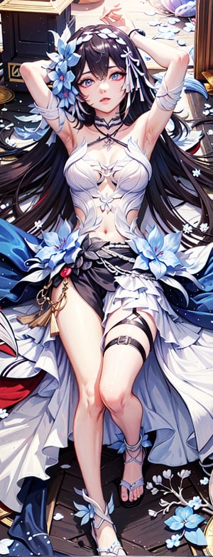 masterpiece, best quality, indoors, carneliandakimakura, 1girl, solo, looking at viewer, full body, dakimakura (medium), lying, on back, very detailed: 1.3)(, horb, luminous blue eyes, hair ,hair outside black hair  inside blue), (light smile: 1.2), sitting, from behind, rear facing, full body, dressed, highly detailed, (height: 1.1), best quality, (Masterpiece: 1.3), cinematic lighting, masterpiece, quality  best , indoors, cosmic eyes, reflection, eyelashes, carneliandakimakura,dakimakura (medium), lying down, behind, bed sheet, hair ornament, arms up, showing arms folded, Concept_carnelian_dakimakura,( Work, best quality, inside  room, fiodef, carneliandakimakura, solo, looking at the viewer, dakimakura (media), lying down, on his back, arms behind his back, full body, carneliandakimakura, horb, beauty miracle),
  TALL
  149cm,
  HEAVY
  42kg,
  HAIR COLOR
  Black
  Blue,
  EYE COLOR
  Blue,smog, gauze, vase, petals, traditional Chinese room, detailed background ,wide photo background,Hairpin, hair decoration,slender,Full chest,perfect eyes,perfect beautiful face,perfect female figure,detailed skin,  delicate patterns,intricate clothing details and rich in exquisite clothing details,delicate intricate fabrics,charming ,alluring,seductive,erotic,enchanting,hanfu,song style clothing,hanfu,Realistic,GUOFENG,MEINV,perfect hand, fingers, hand, perfect, masterpiece, best quality, official art, aesthetic, 1girl, detailed background, isometric, art nouveau, snowflakes, fractal art,asian girl,realhands,AI_Misaki ,hyelin