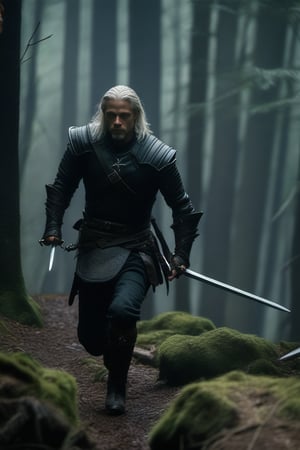 brat pitt, witcher, black armor, two swords, runnig in dark forest ,Movie Still