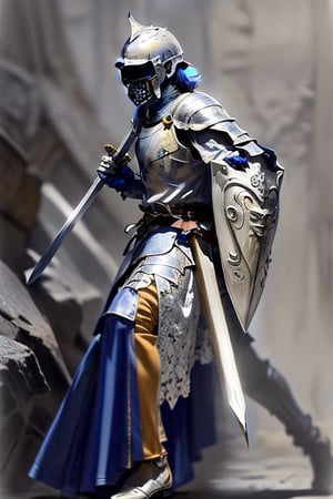 a knight in a helmet runs with a sword in his hands