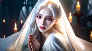 1girl, niji style, realistic, beautiful woman, lips, long wavy hair, transparent white hair, bare_shoulder, moderate breast , ((silk clothes)), light silk veil, shiny_skin, mystic lighting, mystic atmosphere, natural_background, ((krnpp)), korean idol, (vampire:1.4), vampire fangs, golden eyes, (put hands together and praying), praying, perfect hands, (looking_at_viewer)