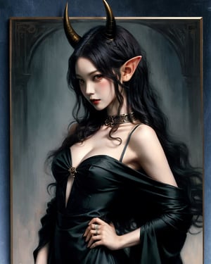 devil woman wearing a black dress, upper body, a pair of horn in black colour, long and curly hair, dark hair, elf_ears, pale skin, art by gerald brom, looking_at_viewer