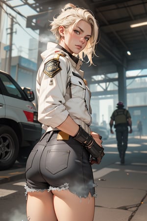 mujer sexy caminando en medio del la ciudad bestida de bombero estilo post apocaliptico  sosteniendo una espada enorme zamurai chaqueta negra pantalon gris,botas militares Japanese anime, Cyber punk style, Steam punk, Greg Rutkowski, Ultra photoreal, Photorealistic, Sharp focus, Realistic CGI, Ray tracing, Front light, Cinematic, Flash, Fairy lights, High camera, Full-Body Shot, Cinematic Still Shot, Sony alpha, Fisheye, Infrared, Golden ratio, Asymmetric, ISO200, HD 