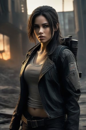 woman of impressive appearance, with a slender figure and graceful curves. His face is beautiful, with defined and expressive features. Her eyes sparkle with determination and her long dark hair cascades to her shoulders, dressed in zombie-style post-apocalyptic clothing, fashion and survival elements, worn and torn leather jacket, patches and patches, tight-fitting T-shirt that highlights her figure, weaponry of war,variety of lethal weapons,carries tactical backpack,carries holster with intimidating looking gun,belt with knives and grenades((post apocalyptic setting, with ruined buildings and debris scattered everywhere)),charged atmosphere of tension, defiant posture, ready to face any threat, gaze reflects bravery and determination, firmly holds his weapon of war, arcane The sky is dark and cloudy, atmosphere heavy with dust and smoke, combination of beauty, strength and courage, Surreal, Concept art, Greg Rutkowski, Photorealistic, Hyperrealistic, Sharp focus, Ray tracing, Light from right, Cinematic, Glowing, Flash, Fantastic backlight, High camera, Full-Body Shot, Sony alpha, Golden hour, Golden ratio, ISO200, HD - -q 0.5 --ar 1:5,Movie Still--chaos 50