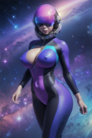 Astronaut woman in a sexy tight suit that enhances her figure with large breasts, in the middle of the galaxy. In astrophotography the colors violet, blue, cyan and pink predominate. Photorealism, 4K, ray tracing, neon, quality 2