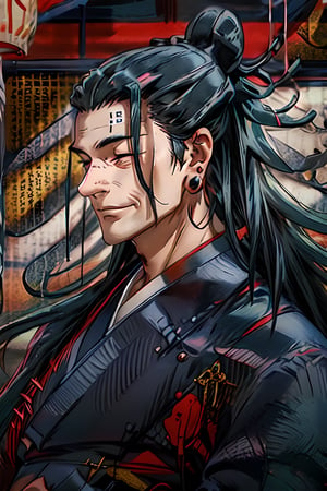 man, getou, solo, long hair, smile, black hair, 1boy, jewelry, closed mouth, closed eyes, upper body, male focus, earrings, japanese clothes, indoors, kimono, hair bun, piercing, single hair bun, ear piercing, portrait, black kimono, hair pulled back, full body ,long,getou