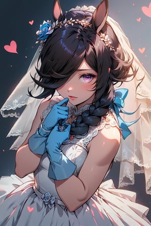 masterpiece, best quality,rice shower \(umamusume\),from above, looking at viewer,official alternate costume, bride, braided ponytail, blue bow, hair flower, blue rose, hair ornament, bridal veil, jewelry, necklace, white gloves, wedding dress, white dress, sleeveless dress, 