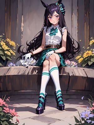 masterpiece, best quality,mejiro dober \(umamusume\),sitting, crossed legs, flowers, flowers fields,white gloves, sleeveless shirt, white shirt, center frills, collared shirt, bare shoulders, belt, pleated skirt, green skirt, thigh strap, kneehighs, white socks, high heels