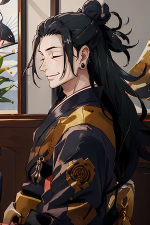 man, getou, solo, long hair, smile, black hair, 1boy, jewelry, closed mouth, closed eyes, upper body, male focus, earrings, japanese clothes, indoors, kimono, hair bun, piercing, single hair bun, ear piercing, portrait, black kimono, hair pulled back, full body ,long,getou,dragon,Endsinger