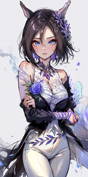 masterpiece, best quality, air groove \(umamusume\), purple flower, wedding dress, white pants, cleavage, bare shoulders, purple rose, crossed arms, official alternate costume, parted lips, collarbone, shirt, parted bangs, hair flower, see-through,cowboy shot, 