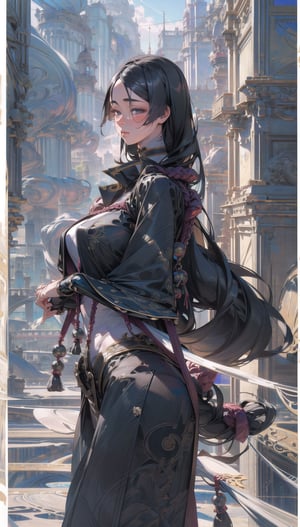 (8k, RAW photo, best quality, masterpiece:1.2), (realistic, photo-realistic:1.37), Solo minamotou no raikou wearing a black outfits with filigree design on it , black-hair, long_hair_tied_low, on right side , angle_from_right_side, curvy_figure ,seduction, blushing