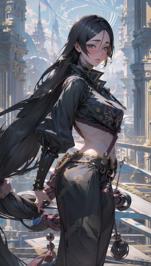 (8k, RAW photo, best quality, masterpiece:1.2), (realistic, photo-realistic:1.37), Solo minamotou no raikou wearing a black outfits with filigree design on it , black-hair, long_hair_tied_low, on right side , angle_from_right_side, curvy_figure ,seduction, blushing