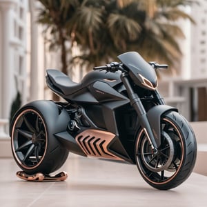 a visually stunning concept that encapsulates the cool futuristic elegance of the Silicone Dynamic  Batpod Motorrad's Hypersport Drag rss AerodiscHyperdrive electronic suspension, featuring a remixed matte blackrosegold and diamond wave chassis Evil-shaped led headlight And with white prints on the hubless tires automation seamlessly integrated within an ambient dwelling. The design must vividly portray the harmonious fusion of cutting-edge technology and convenience, offering an immersive representation of automated living spaces that aligns with Bellwether industry's and zaha hadids imaginative vision. Craft the design in Ultra High Definition (UHD) quality to meticulously showcase the intricate details and captivating aesthetics of the futuristic environment