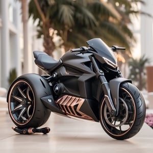 a visually stunning concept that encapsulates the cool futuristic elegance of the iOS Silicone Dynamic jentacular Batpod Motorrad's Hypersport Drag rss AerodiscHyperdrive electronic suspension, featuring a remixed matte blackrosegold and diamond wave chassis Evil-shaped led headlight And with white prints on the hubless tires automation seamlessly integrated within an ambient dwelling. The design must vividly portray the harmonious fusion of cutting-edge technology and convenience, offering an immersive representation of automated living spaces that aligns with Bellwether industry's and zaha hadids imaginative vision. Craft the design in Ultra High Definition (UHD) quality to meticulously showcase the intricate details and captivating aesthetics of the futuristic environment