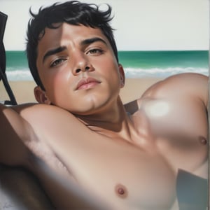 solo, looking at viewer, short hair, black hair, 1boy, nipples, male focus, nude, realistic