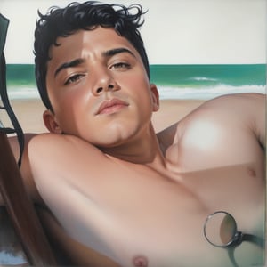 solo, looking at viewer, short hair, black hair, 1boy, nipples, male focus, nude, realistic