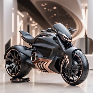 a visually stunning concept that encapsulates the cool futuristic elegance of the Silicone Dynamic  Batpod Motorrad's Hypersport Drag rss AerodiscHyperdrive electronic suspension, featuring a remixed matte blackrosegold and diamond wave chassis Evil-shaped led headlight And with white prints on the hubless tires automation seamlessly integrated within an ambient dwelling. The design must vividly portray the harmonious fusion of cutting-edge technology and convenience, offering an immersive representation of automated living spaces that aligns with Bellwether industry's and zaha hadids imaginative vision. Craft the design in Ultra High Definition (UHD) quality to meticulously showcase the intricate details and captivating aesthetics of the futuristic environment