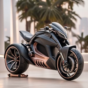 a visually stunning concept that encapsulates the cool futuristic elegance of the Silicone Dynamic Batpod Motorrad's Hypersport Drag rss Hyperdrive electronic suspension, featuring a remixed matte blackrosegold and diamond wave chassis Evil-shaped led headlight And with white prints on the hubless tires automation seamlessly integrated within an ambient dwelling. The design must vividly portray the harmonious fusion of cutting-edge technology and convenience, offering an immersive representation of automated living spaces that aligns with Bellwether industry's and zaha hadids imaginative vision. Craft the design in Ultra High Definition (UHD) quality to meticulously showcase the intricate details and captivating aesthetics of the futuristic environment