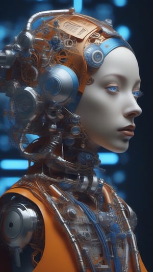 Cyberpunk Girl with Pearl Earring, profile portrait, pale skin, orange headscarf, robotic head, exposed mechanical parts, blue and silver metal plating, intricate gears and wires, human-like eyes and lips, dark background, hyper-realistic 3D rendering, inspired by Johannes Vermeer, sci-fi aesthetic, high detail, studio lighting, 8k resolution