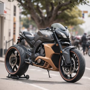 outdoors, day, blurry, tree, no humans, blurry background, ground vehicle, motor vehicle, road, hubless wheels, vehicle focus, motorcycle