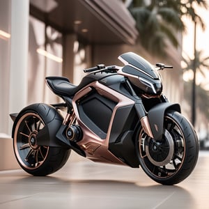 a visually stunning concept that encapsulates the cool futuristic elegance of the iOS Silicone Dynamic jentacular Batpod Motorrad's Hypersport Drag rss AerodiscHyperdrive electronic suspension, featuring a remixed matte blackrosegold and diamond wave chassis Evil-shaped led headlight And with white prints on the hubless tires automation seamlessly integrated within an ambient dwelling. The design must vividly portray the harmonious fusion of cutting-edge technology and convenience, offering an immersive representation of automated living spaces that aligns with Bellwether industry's and zaha hadids imaginative vision. Craft the design in Ultra High Definition (UHD) quality to meticulously showcase the intricate details and captivating aesthetics of the futuristic environment