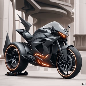 a visually stunning concept that encapsulates the cool futuristic elegance of the Silicone Dynamic Batpod Motorrad's Hypersport Drag rss Hyperdrive electronic suspension, featuring a remixed matte blackrosegold and diamond wave chassis Evil-shaped led headlight And with white prints on the hubless tires automation seamlessly integrated within an ambient dwelling. The design must vividly portray the harmonious fusion of cutting-edge technology and convenience, offering an immersive representation of automated living spaces that aligns with Bellwether industry's and zaha hadids imaginative vision. Craft the design in Ultra High Definition (UHD) quality to meticulously showcase the intricate details and captivating aesthetics of the futuristic environment