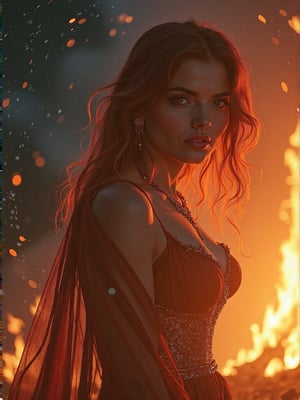 A dream, A detailed double-exposure style artwork of a sly, confident heavily endowed pyromancer in her 30s, with fiery burning eyes and flowing red-orange hair. Her eyes have eyeshadow. Her gaze is playful yet intense, hinting at her mastery over fire and death. Her portrait is seamlessly blended with a secondary scene of a burning campfire, its flames flickering wildly under a dark, starry sky. The image has a warm, fiery color palette with glowing embers and soft gradients, evoking a sense of power and allure. The overlay effect creates a dynamic composition, with the flames from the campfire blending into her hair, as sparks and embers seem to dance around her. The lighting is dramatic filly enveloping her, with the fire casting soft shadows and creating a mystical, captivating atmosphere.,VNS_Add more details