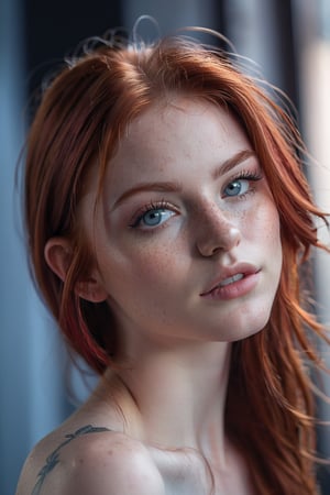 photorealistic, raw photo, best quality, ultra detailed, masterpiece, 1girl, naked topless, crimson red hair head,passionate,adorable shy young girl, petite skinny flat chested, alluring face with a few freckles,realistic soft blue grey eyes partially open,detailed skin, pores, tattoos,detailed background,inticate detailed, depth of field, full body framing from very low angle, backlit, smoky haze,  delightful, perfect, glamorous, dazzling, alluring, astonishing, dreamlike, marvelous, magnificent, irresistible, appealing, captivating, inviting, radiant, (lora:Detail_Tweaker:1.2),Leonardo Style,photo r3al