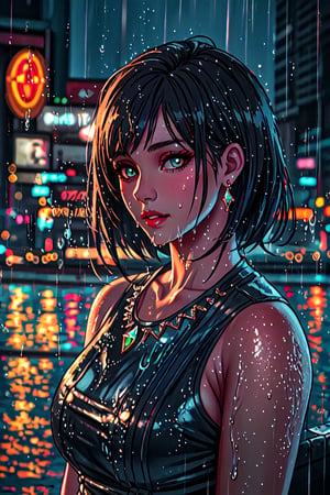 Red, black, female, beutiful, multi-layered v-cut hair style, bangs, neutral blurred action background,  soft lips, city lights, night, big watery orange detalied realistic eyes, crystal reflection in eyes, rain, dark, murky, wet, cold air, fashion, jewellery, promotionally, octane render, unreal engine, photograph, realistic skin texture, photorealistic, hyper realism, highly detailed, 85mm portrait photography, award winning, hard rim lighting,