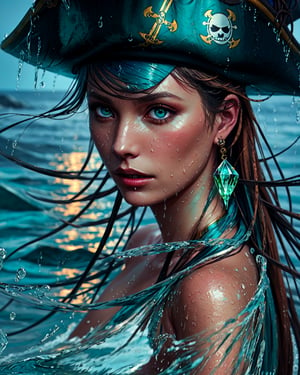 Light blue, white, fitting dress, naval themed, Flowing paint work by famous artist, female, pirate, beutiful, multi-layered pirate hair style, bangs, neutral blurred pirate background,  soft lips, pirate lights, night, big watery green detalied realistic eyes, crystal reflection in eyes, rain, dark, sea, wet, at sea, on pirate ship, fashion, jewellery, promotionally, octane render, unreal engine, photograph, realistic skin texture, photorealistic, hyper realism, highly detailed, 85mm portrait photography, award winning, hard rim lightning, ,DonMW1nd