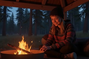 (Masterpiece) prompt: A person in a patterned sweater and beanie smiles gently beside a crackling campfire under a wooden shelter, with the dimly lit, tranquil forest in the background at dusk, highly detailed, vibrant, production cinematic character render, ultra high quality model,