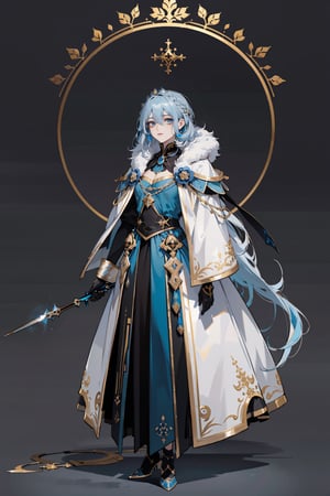 beautiful royalty with light ashy blue hair, facing front, symmetrical dark black clothes, blue and gold details, dangerous looking, fullbody, full-body_portrait, concept art, white background, different hair variations