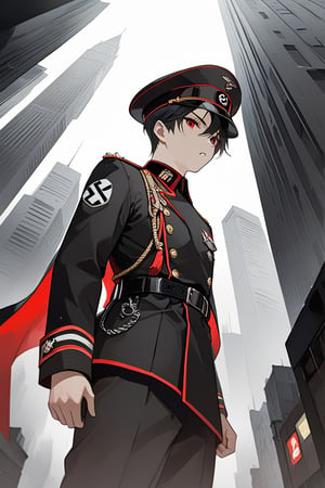 score_9,score_8_up,score_7_up,score_6_up, masterpiece, best quality, 8k, 8k UHD, ultra-high resolution, ultra-high definition, highres, man, wearing black military uniform with black and silver details, belt details, with a military hat, nazi inspired uniform, red details, view from the side, view from the 3/4 of below, view from below, displeased expression, red eyes, pale skin, short black hair, male, male focus, looking down at the viewer, city background, dark, gloomy setting, moody