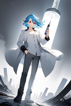 score_9,score_8_up,score_7_up,score_6_up, masterpiece, best quality, 8k, 8k UHD, ultra-high resolution, ultra-high definition, highres ,//Character, 2 men, male focus, duo, short light blue hair, red eyes, assymetric hair, Dottore, blue_vial_earring, muscular, wide shoulders, thin waist,//Fashion,  doctor_uniform, lab coat, white_jacket, silver_details, white_shirt, grey_pants, high_boots
,//Background, white_background,//Others, ,Expressiveh, lab background, top view, looking at viewer, tilting head, fang, dynamic pose, apocalyptic world setting, gloomy, dark, fog, standing and examining a tube, holding a vial, dynamic perspective, dramatic perspective