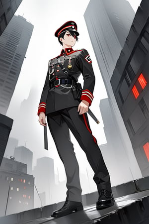 score_9,score_8_up,score_7_up,score_6_up, masterpiece, best quality, 8k, 8k UHD, ultra-high resolution, ultra-high definition, highres, man, wearing black military uniform with black and silver details, belt details, with a military hat, nazi inspired uniform, red details, view from the side, view from the 3/4 of below, view from below, displeased expression, red eyes, pale skin, short black hair, male, male focus, looking down at the viewer, city background, dark, gloomy setting, moody