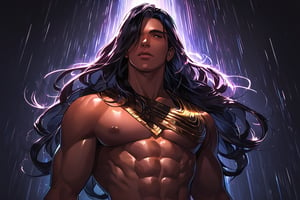 handsome muscular man, long hair, hair over eyes, detailed hair, hair light, shiny hair, black hair, tan skin, dark background, ray light, light from behind, view from  bottom, gorgeous, detailed, amazing colours, grain, blur