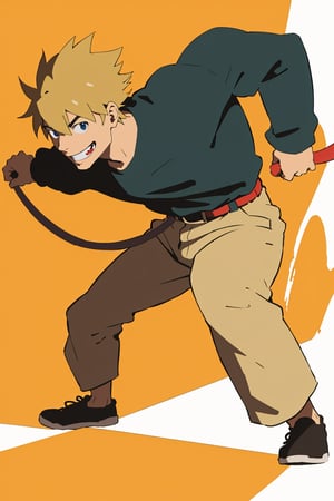 simple anime style, man holding a leash, tugging on it, smiling, dynamic pose