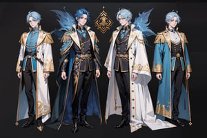 handsome royalty with light ashy blue hair, scars on his face and body, facing front, symmetrical dark black clothes, blue and gold details, dangerous looking, fullbody, full-body_portrait, concept art, white background, different hair variations, reference sheet