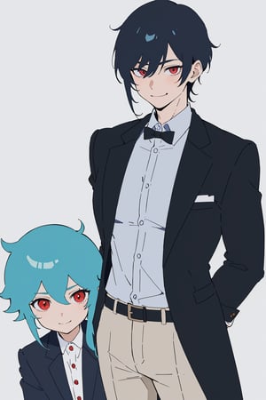 (masterpiece, 4k, best quality), simple anime style, 1man, dottore_genshin impact, light blue button up shirt with black collar,  black gloves, tall, muscular, red eyes, light blue hair, short hair with long locks, bangs, arms behind back, smile, blush, pulling on a leash, the viever (us) being on the leash