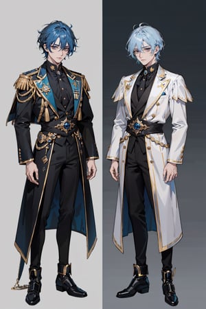 handsome royalty with light ashy blue hair, scars on his face and body, facing front, symmetrical dark black clothes, blue and gold details, dangerous looking, fullbody, full-body_portrait, concept art, white background, different hair variations